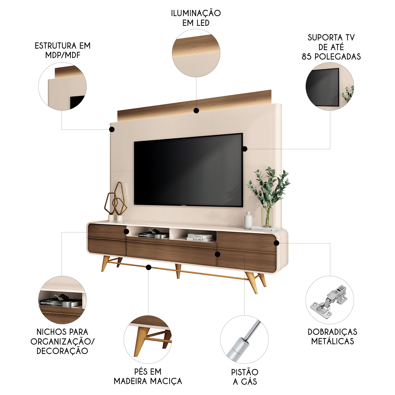 Estante Painel de TV 85 Pol 220cm Nobre Castanho/Off White - HB Móveis