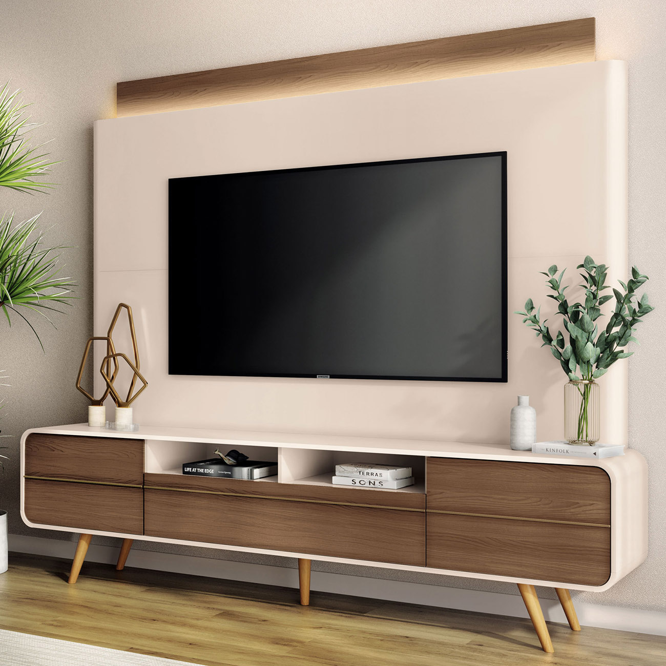 Estante Painel de TV 85 Pol 220cm Nobre Castanho/Off White - HB Móveis