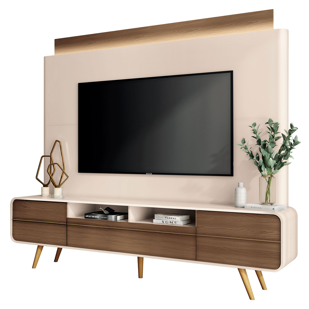 Estante Painel de TV 85 Pol 220cm Nobre Castanho/Off White - HB Móveis