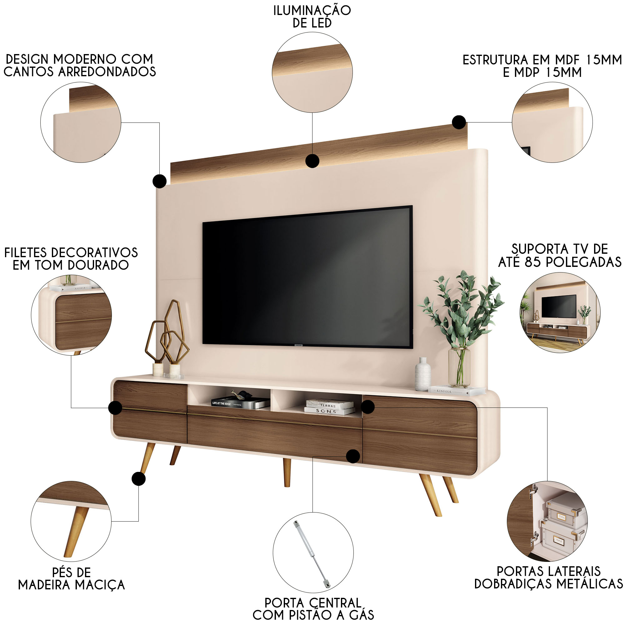 Estante Painel de TV 85 Pol 220cm Nobre Castanho/Off White - HB Móveis