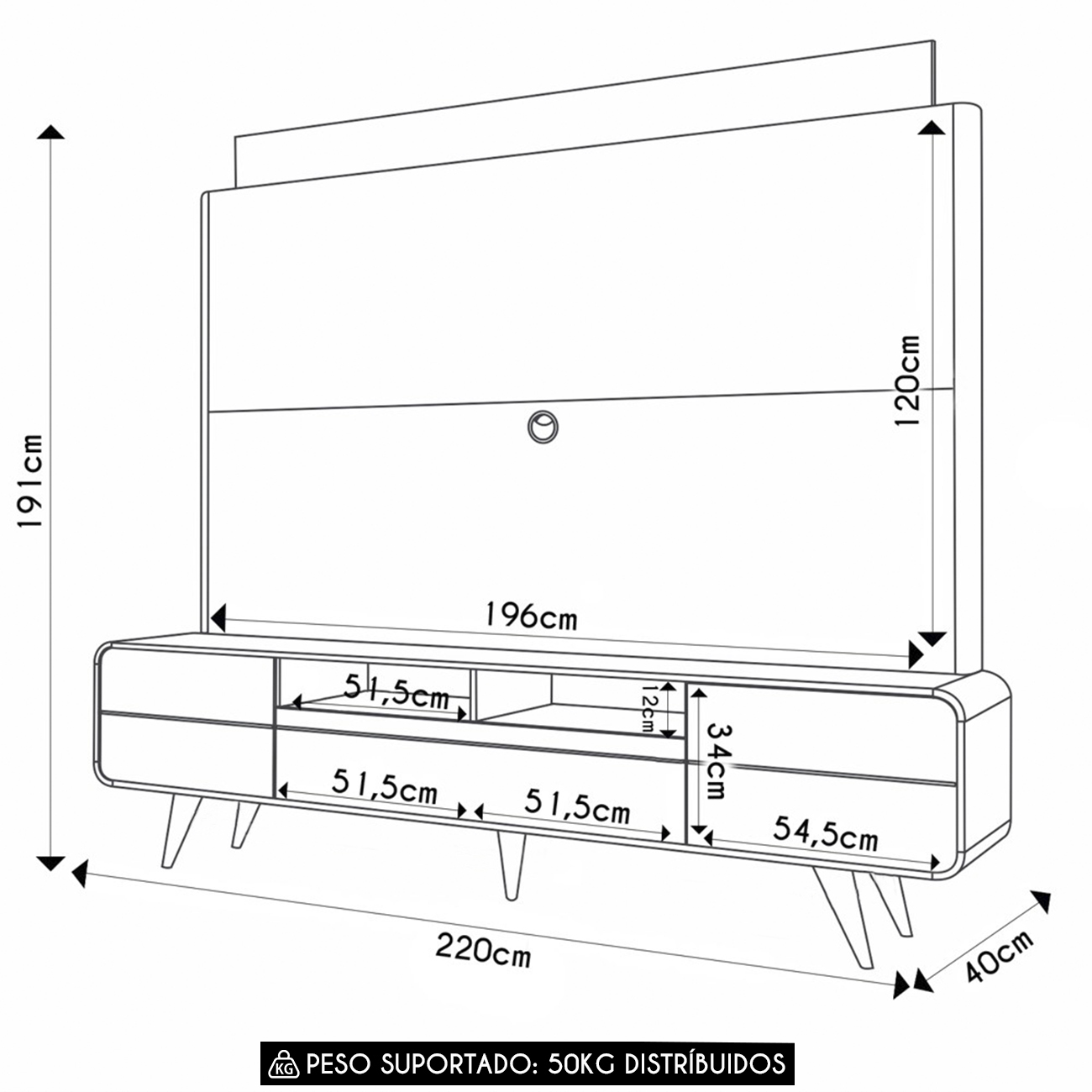 Estante Painel de TV 85 Pol 220cm Nobre Castanho/Off White - HB Móveis