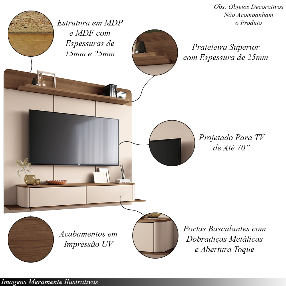 Home Painel Galax Suspenso para TV até 70 Polegadas com Off White/Castanho G26 - Hb Móveis