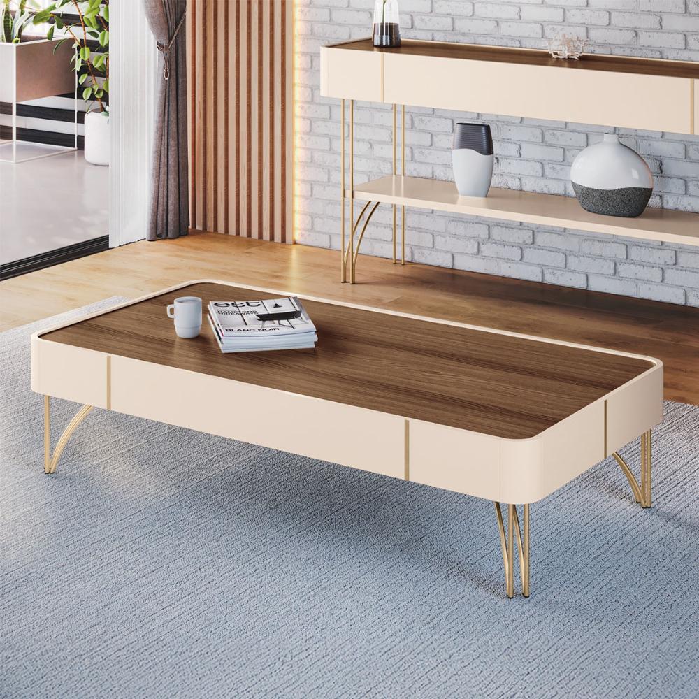 Mesa de Centro Cadenza com Pés em Aço Off White/Castanho