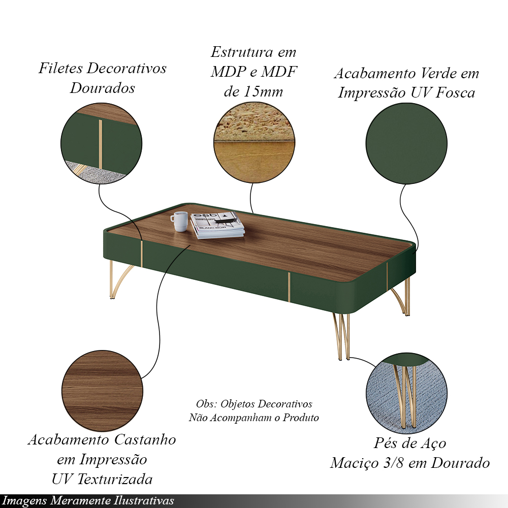 Mesa de Centro Cadenza com Pés em Aço em MDP/MDF Verde Pistache/Castanho G26 - Hb Móveis
