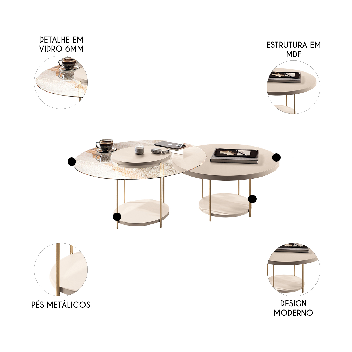 Mesa de Centro Para Sala Pés Metálicos Kit 2 Sky Off White - HB Móveis