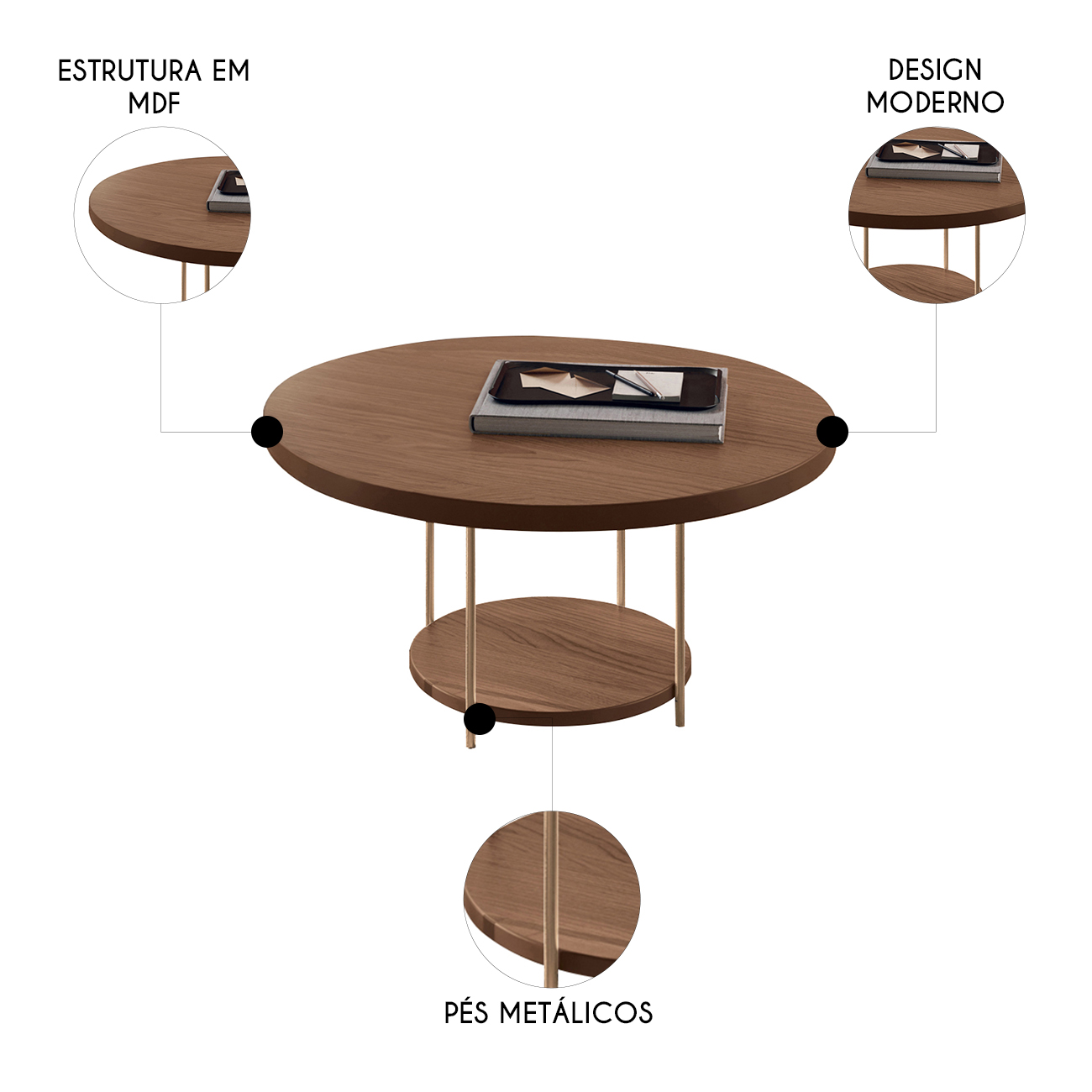 Mesa de Centro Redonda MDF Pés Metálicos Sky Castanho - HB Móveis
