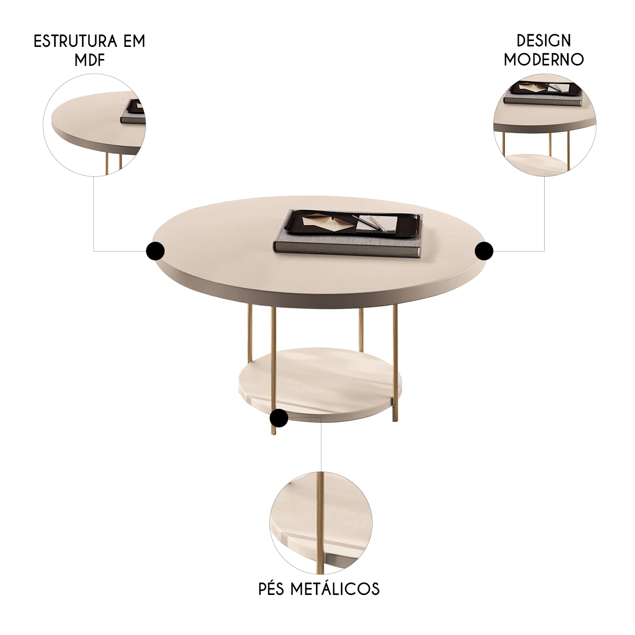 Mesa de Centro Redonda MDF Pés Metálicos Sky Off White - HB Móveis