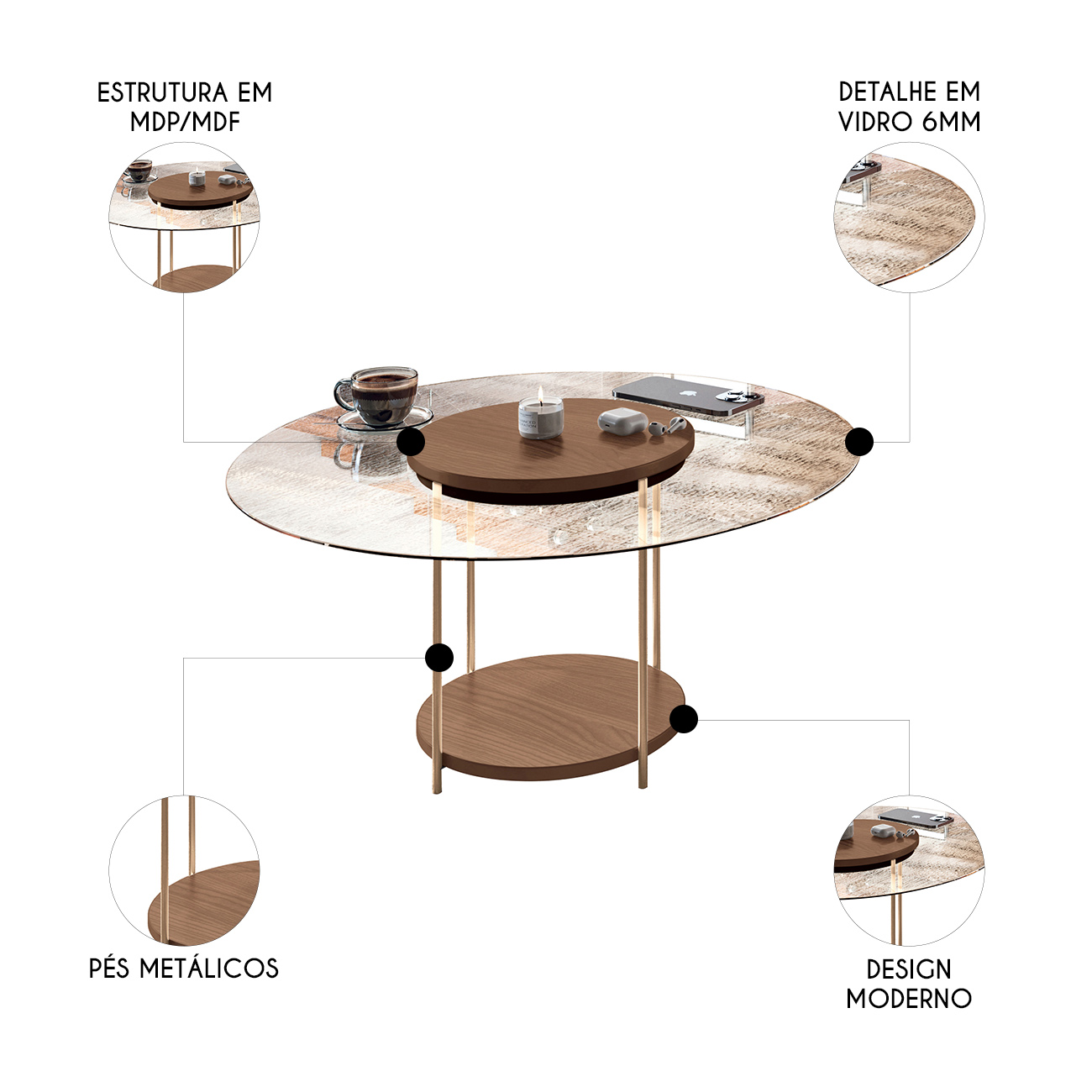 Mesa de Centro Redonda Tampo de Vidro Sky Castanho - HB Móveis