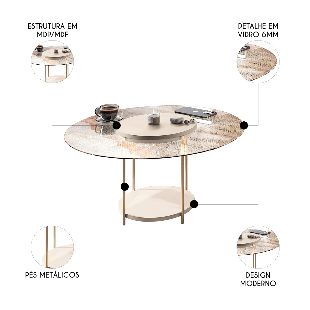 Mesa de Centro Redonda Tampo de Vidro Sky Off White - HB Móveis