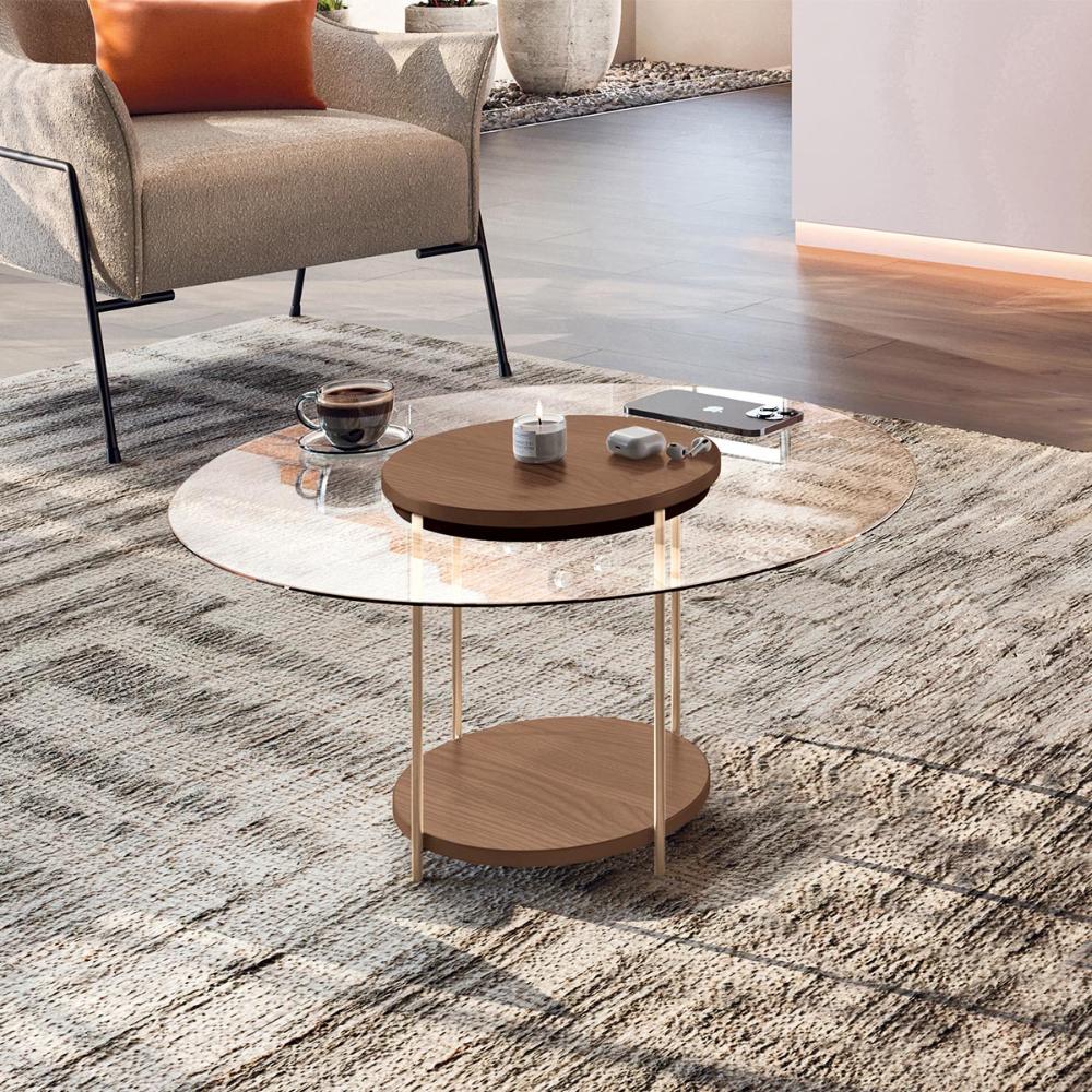 Mesa de Centro Sky com Pés em Aço e Tampo de Vidro Castanho