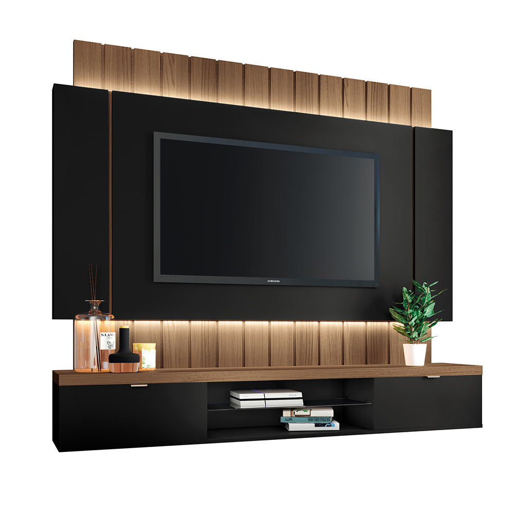 Painel Home Suspenso 1.8 para TV até 55" com Fita LED MDP/MDF Illusion Preto/Castanho G26 - HB Móveis