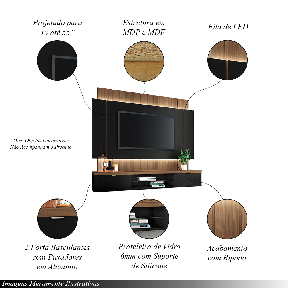 Painel Home Suspenso 1.8 para TV até 55" com Fita LED MDP/MDF Illusion Preto/Castanho G26 - HB Móveis