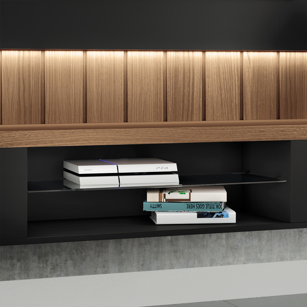 Painel Home Suspenso 1.8 para TV até 55" com Fita LED MDP/MDF Illusion Preto/Castanho G26 - HB Móveis