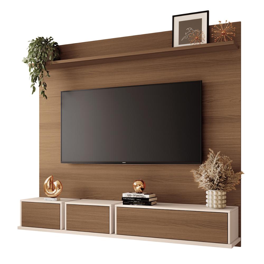 Painel Home Suspenso Max TV até 70" Polegadas com 3 Portas Castanho/Off White