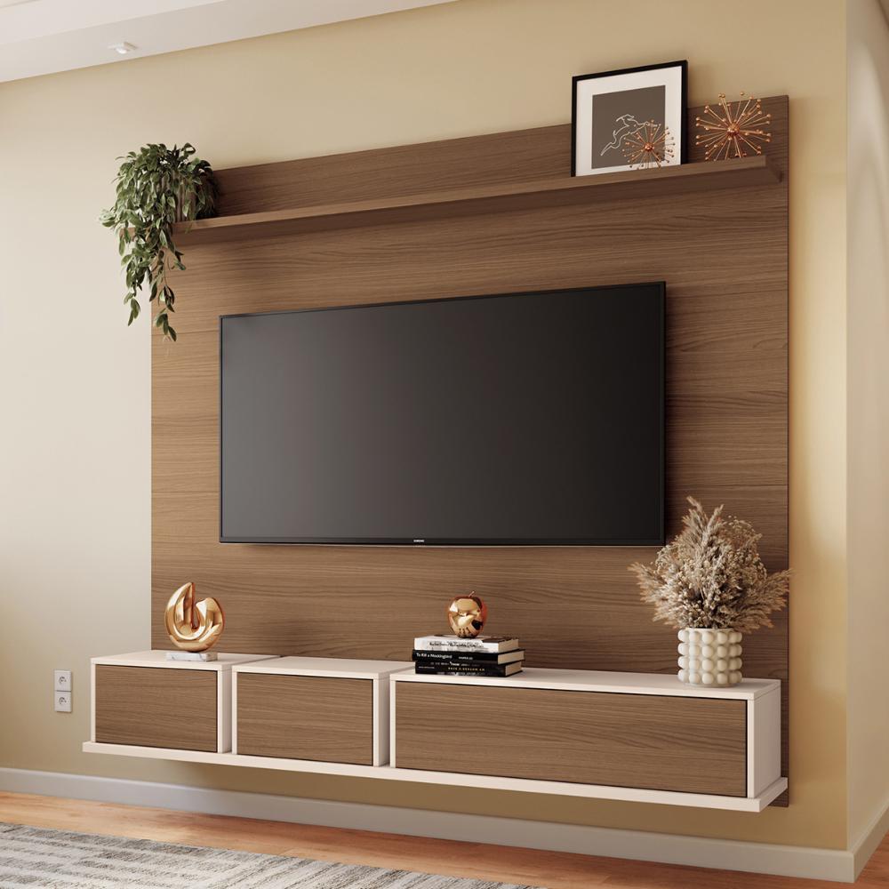 Painel Home Suspenso Max TV até 70" Polegadas com 3 Portas Castanho/Off White