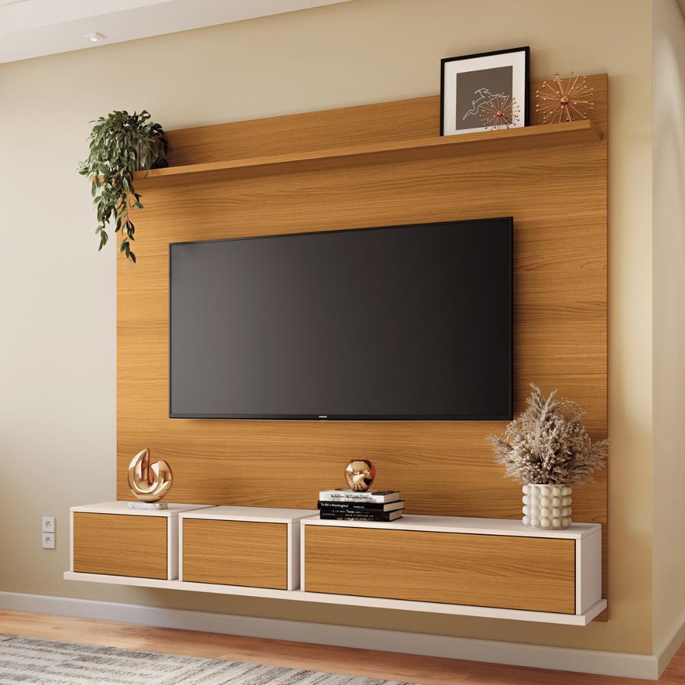 Painel Home Suspenso Max TV até 70" Polegadas com 3 Portas Cinamomo/Off White