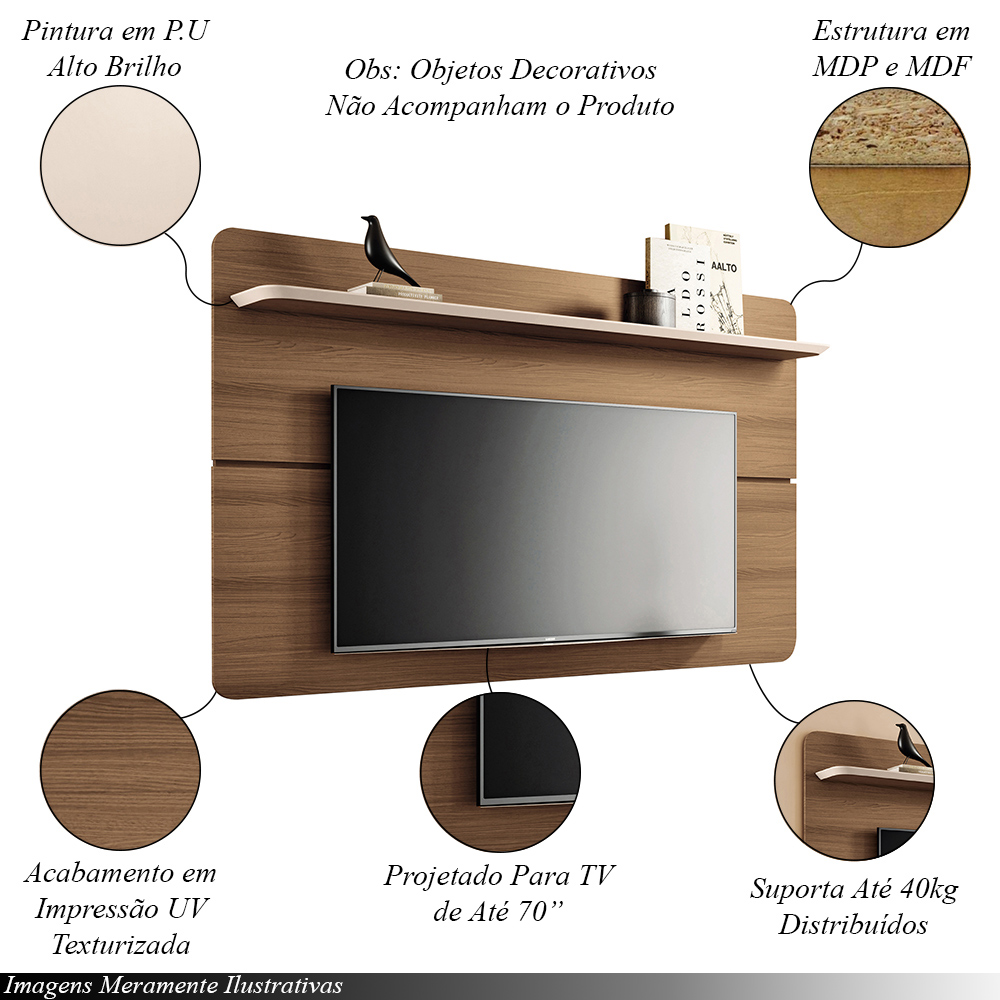 Painel Suspenso Curv 1.8 TV até 70 Polegadas Sala Estar Castanho/OffWhite G26 - Hb Móveis