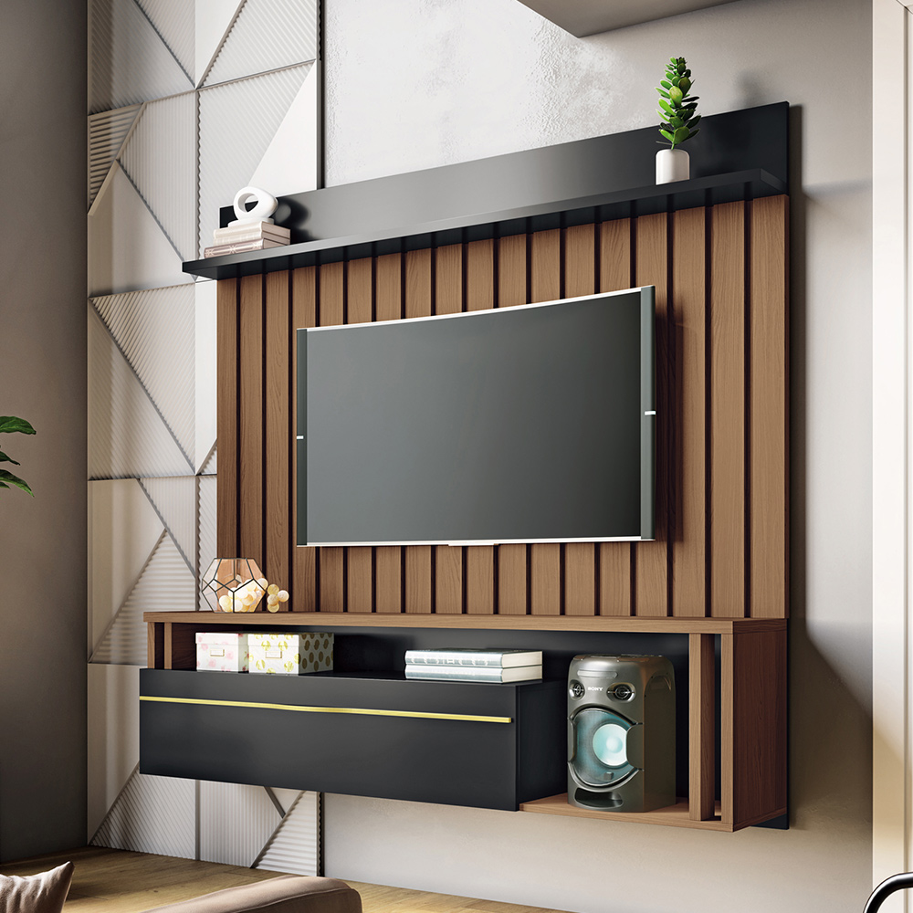 Painel Suspenso Decorativo Self Ripado para TV até 55 Polegadas Castanho/Preto G26 - HB Móveis