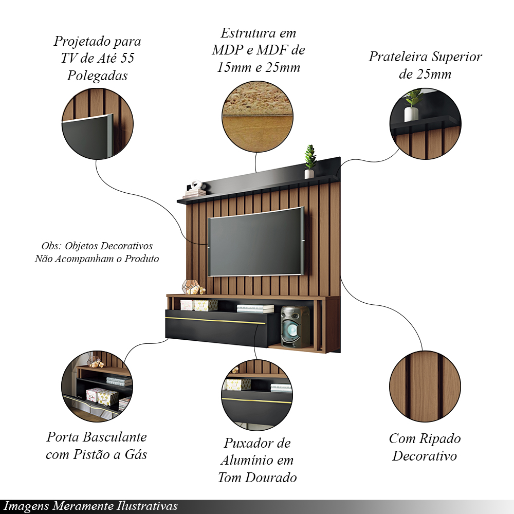 Painel Suspenso Decorativo Self Ripado para TV até 55 Polegadas Castanho/Preto G26 - HB Móveis