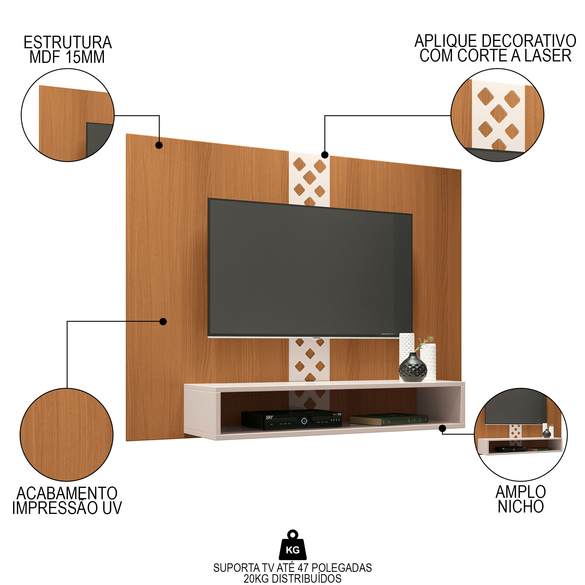 Painel TV 47 Pol 120cm Suspenso com Nicho Form Off/Cinamomo - HB Móveis