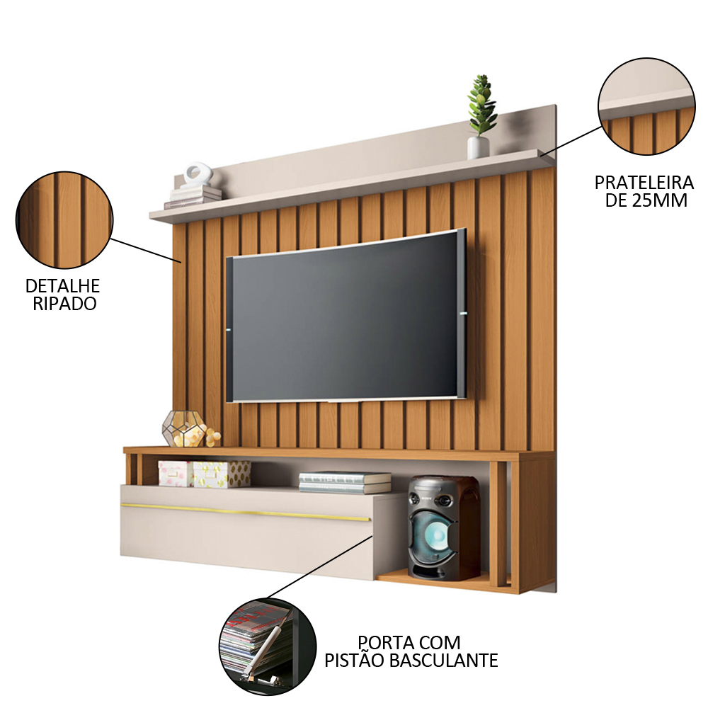 Painel TV 55 Pol 160cm Bancada Suspensa Self Off/Cinamomo - HB Móveis