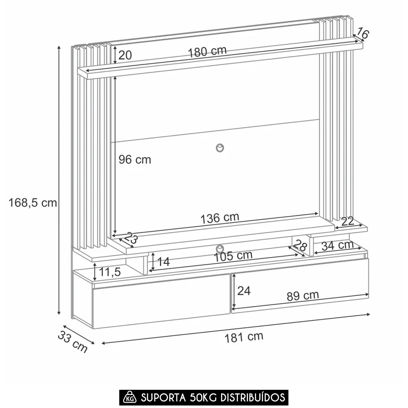 Painel TV 55 Pol 181cm Bancada Suspensa Cosmo Off/Castanho - HB Móveis