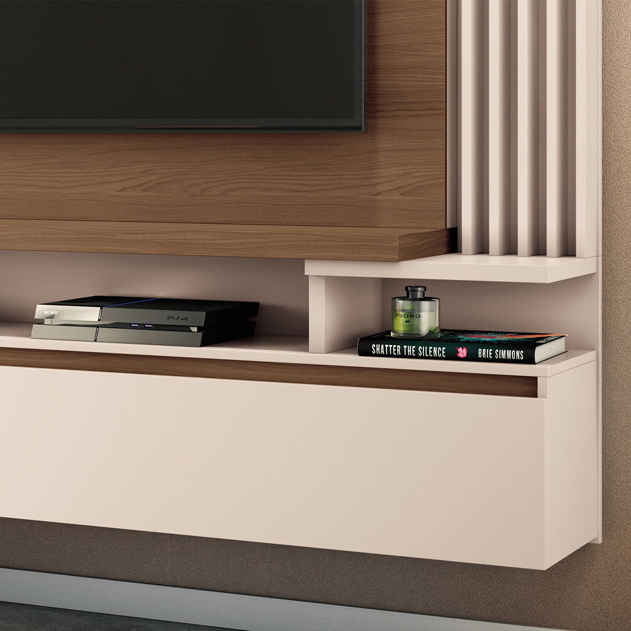 Painel TV 55 Pol 181cm Bancada Suspensa Cosmo Off/Castanho - HB Móveis