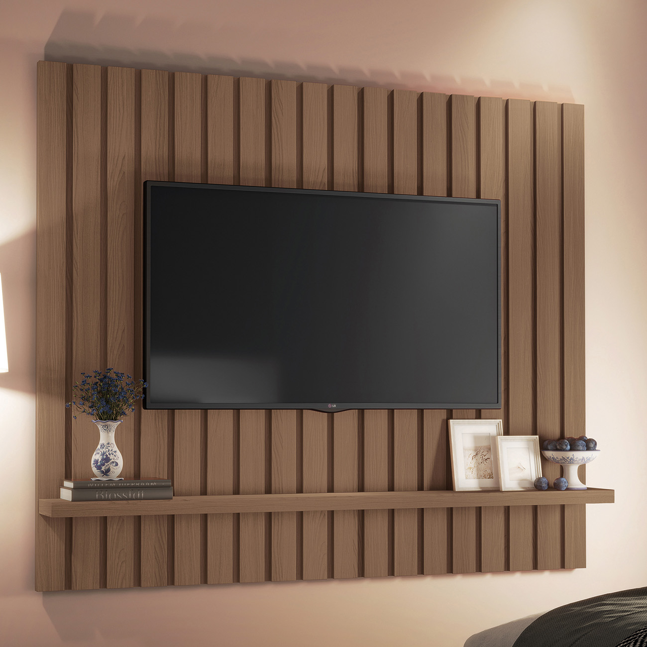 Painel TV 60 Pol 160cm Suspenso Ripado Link Castanho - HB Móveis
