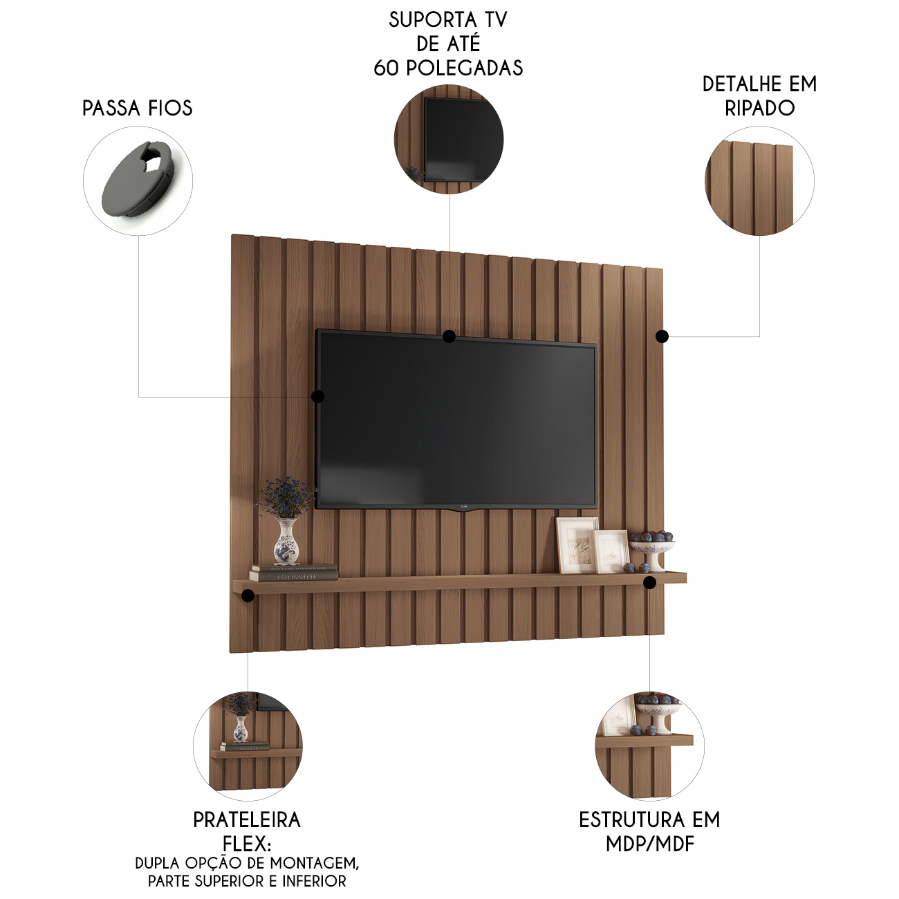 Painel TV 60 Pol 160cm Suspenso Ripado Link Castanho - HB Móveis