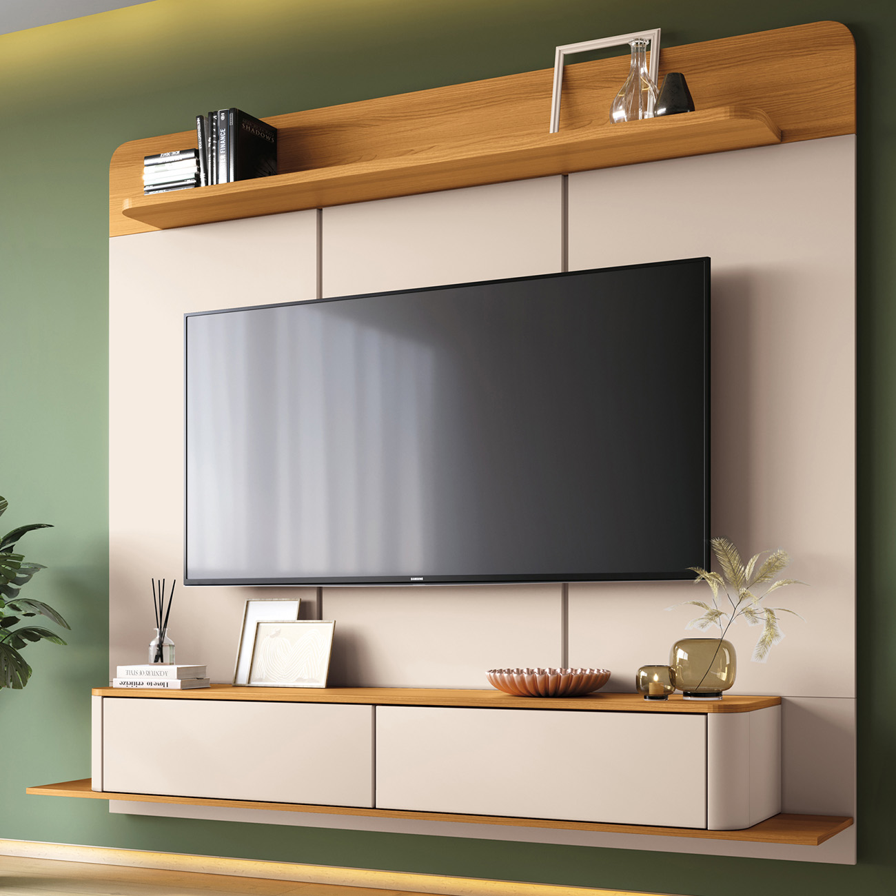 Painel TV 70 Pol 180cm Bancada Suspensa Galax Off/Cinamomo - HB Móveis