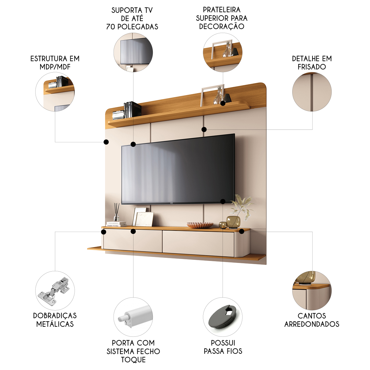 Painel TV 70 Pol 180cm Bancada Suspensa Galax Off/Cinamomo - HB Móveis