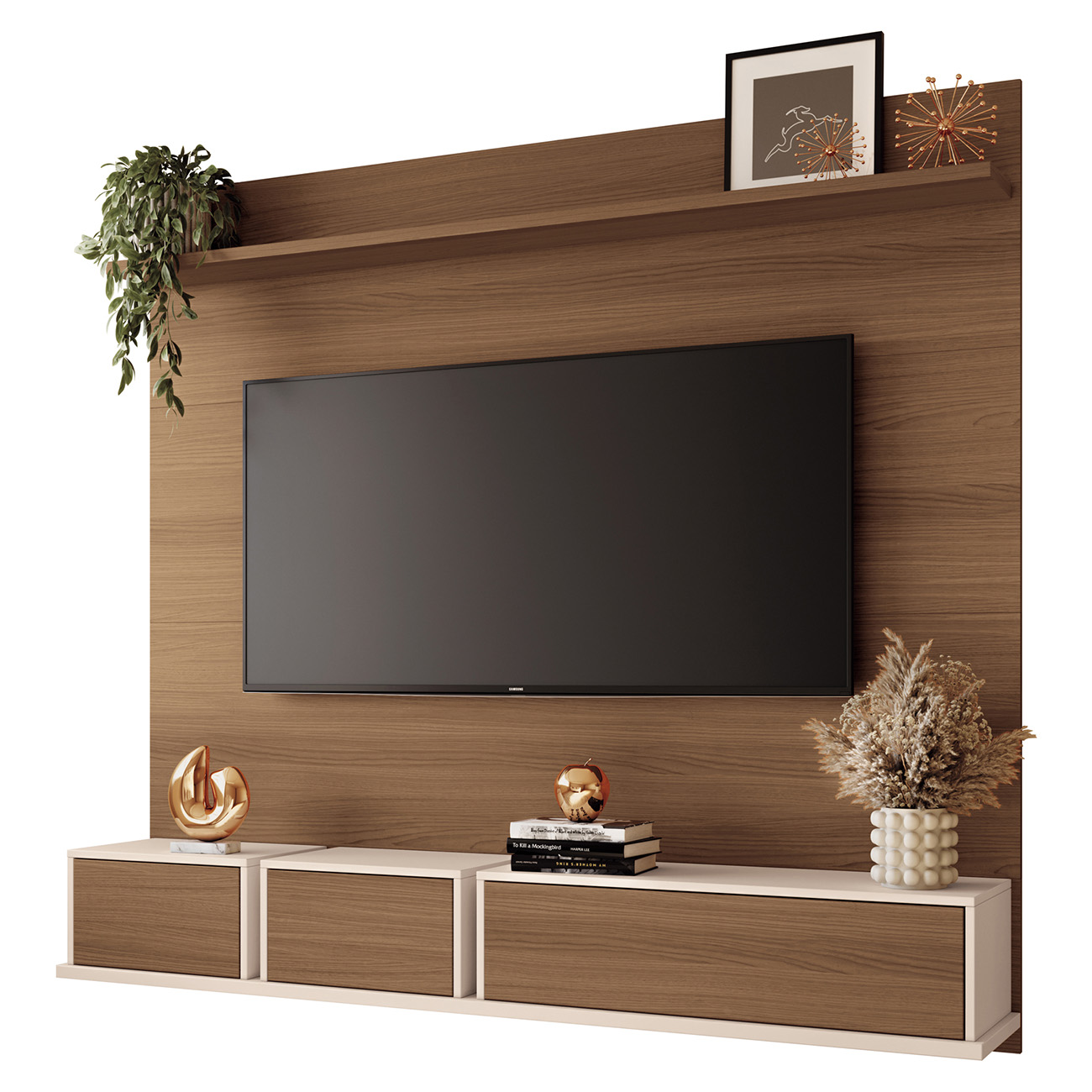 Painel TV 70 Pol 180cm Bancada Suspensa Max Off/Castanho - HB Móveis