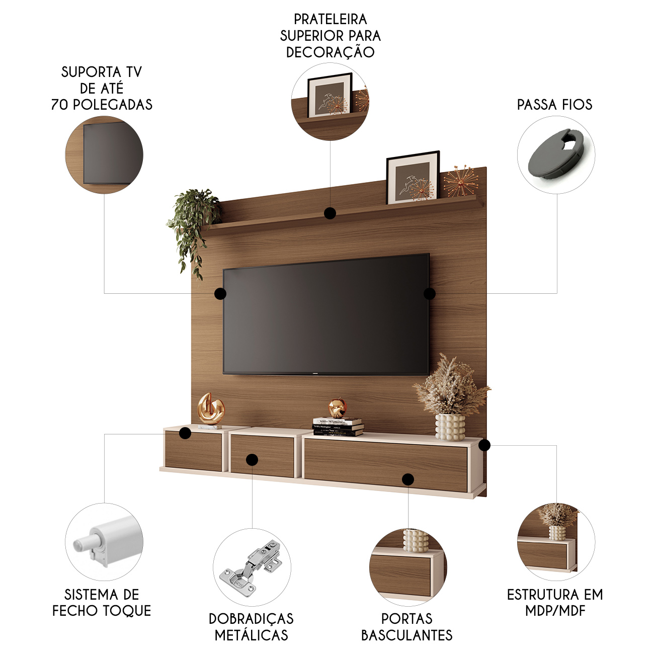 Painel TV 70 Pol 180cm Bancada Suspensa Max Off/Castanho - HB Móveis