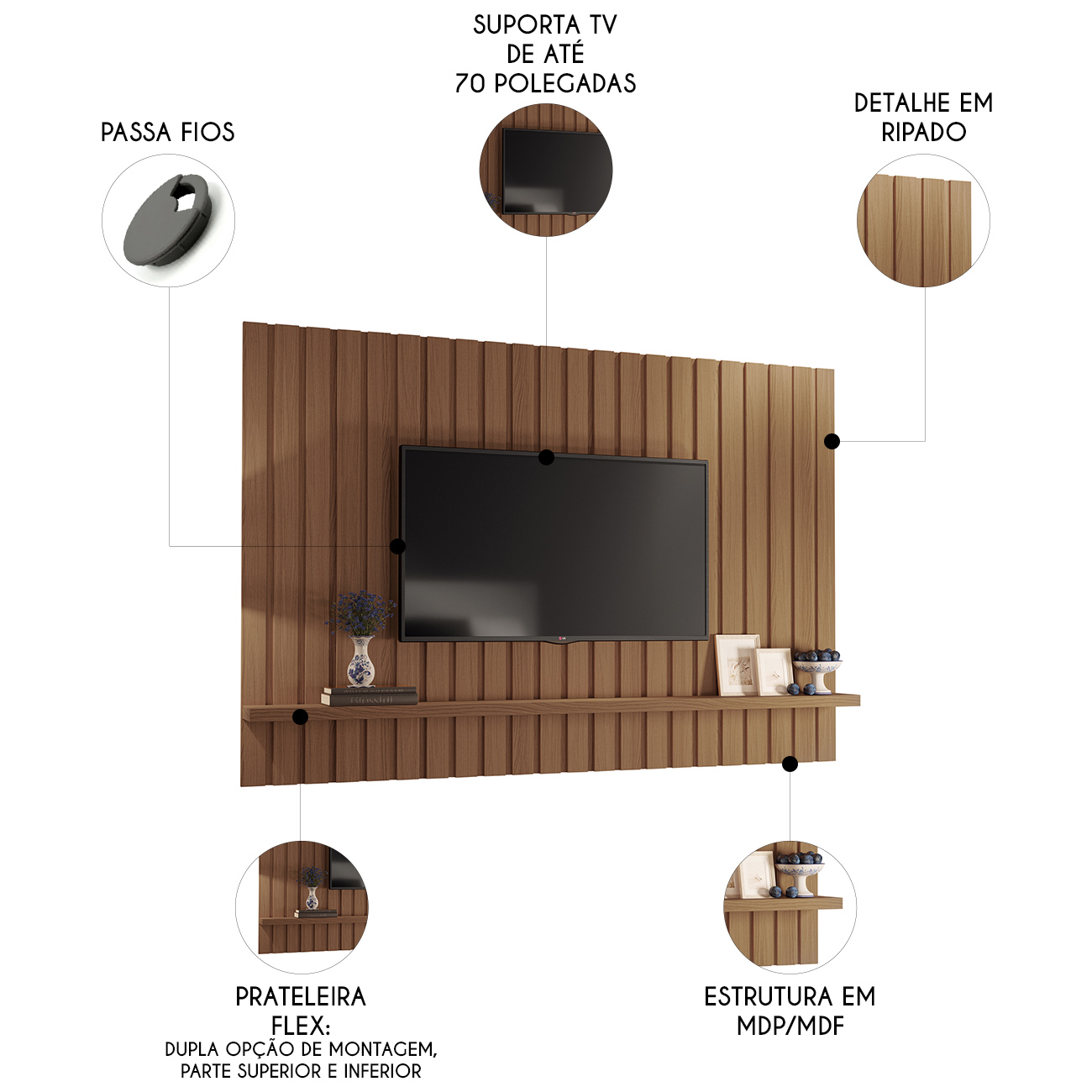 Painel TV 70 Pol 200cm Suspenso Ripado Link Castanho - HB Móveis