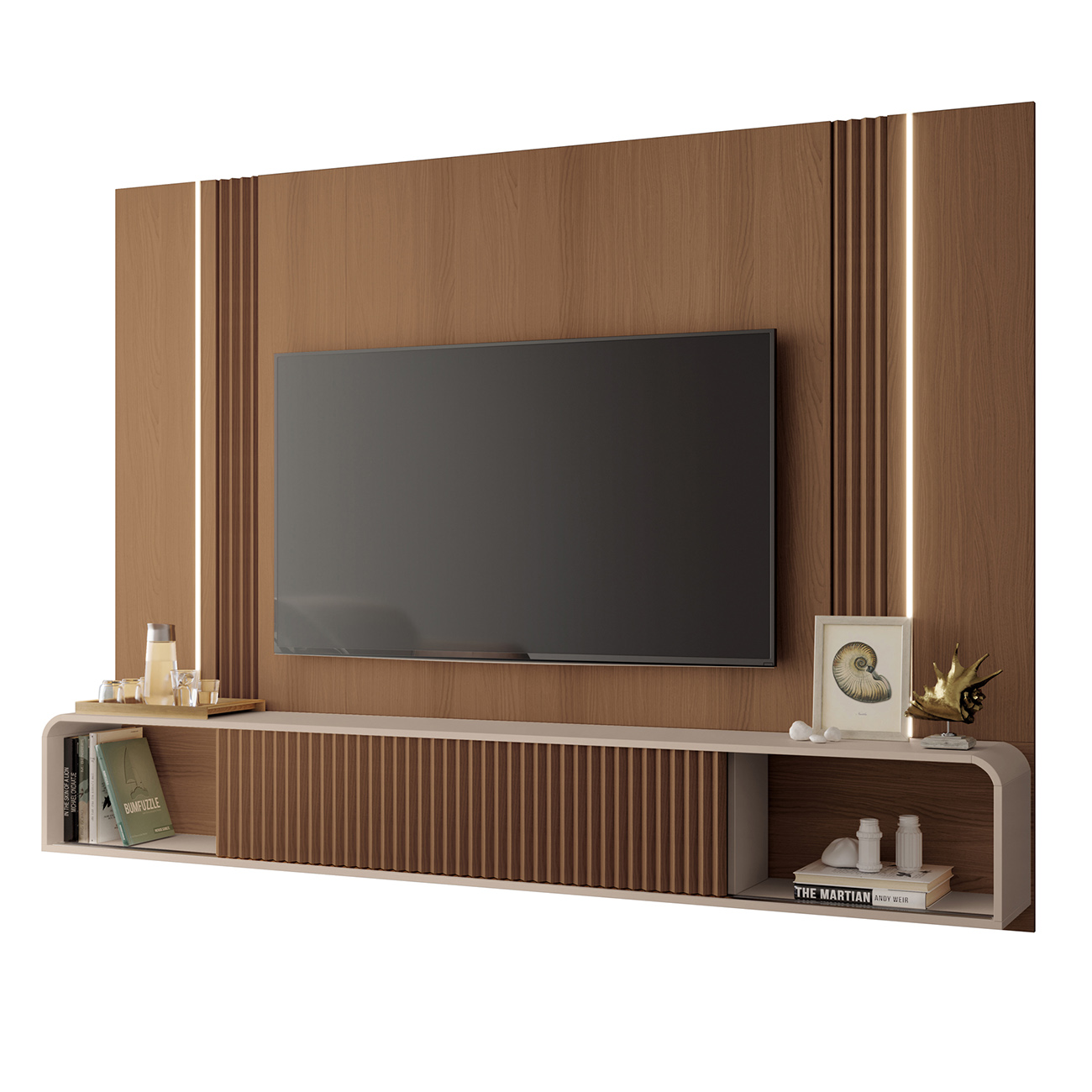 Painel TV 85 Pol 219cm Bancada Suspensa Empire Off/Castanho - HB Móveis