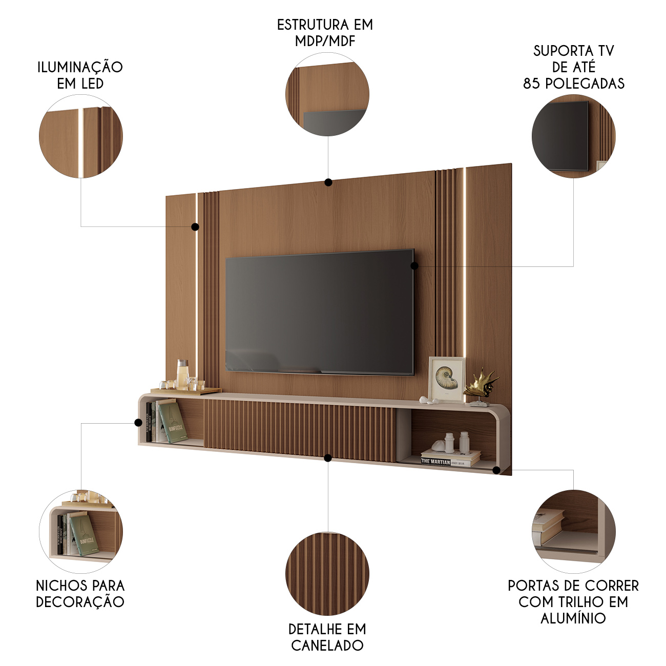 Painel TV 85 Pol 219cm Bancada Suspensa Empire Off/Castanho - HB Móveis