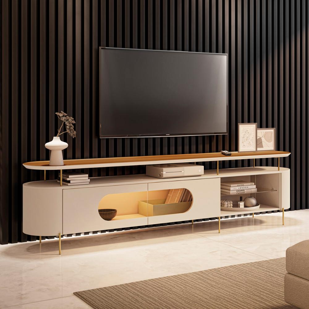 Rack Bancada Aria LED para TV até 85” Polegadas Pés em Aço Off White/Cinamomo
