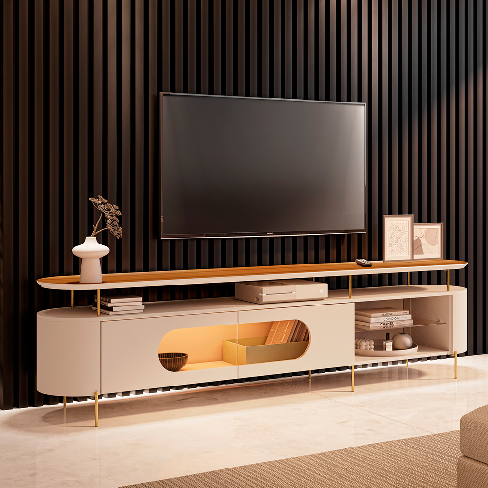 Rack Bancada Ária com Led Prateleira Vidro TV Até 85 Polegadas Off White/Cinamomo G26 - HB Móveis