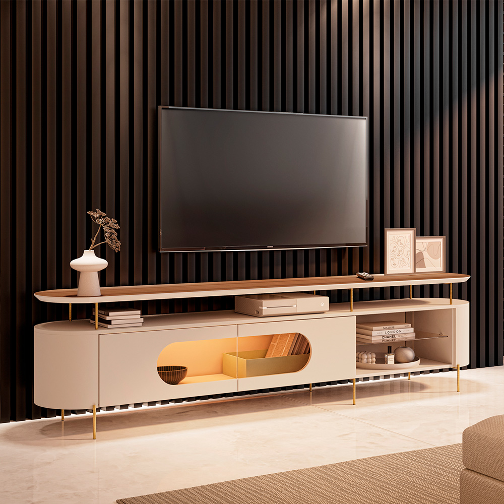 Rack Bancada Ária com Led e Prateleira Vidro TV Até 85 Polegadas Off White/Castanho G26 - HB Móveis