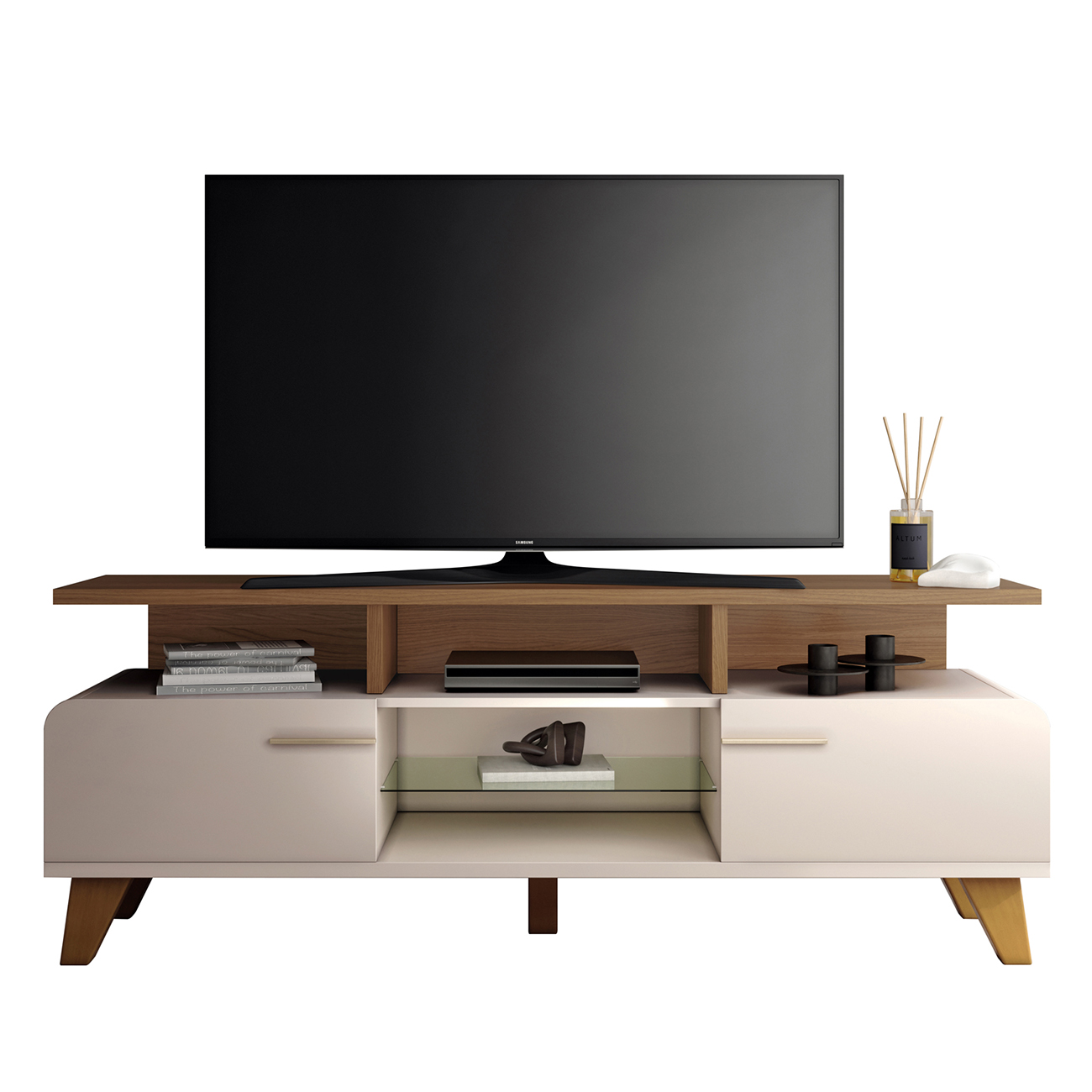 Rack Bancada de TV 60 Pol 160cm Essenza Castanho/Off White - HB Móveis