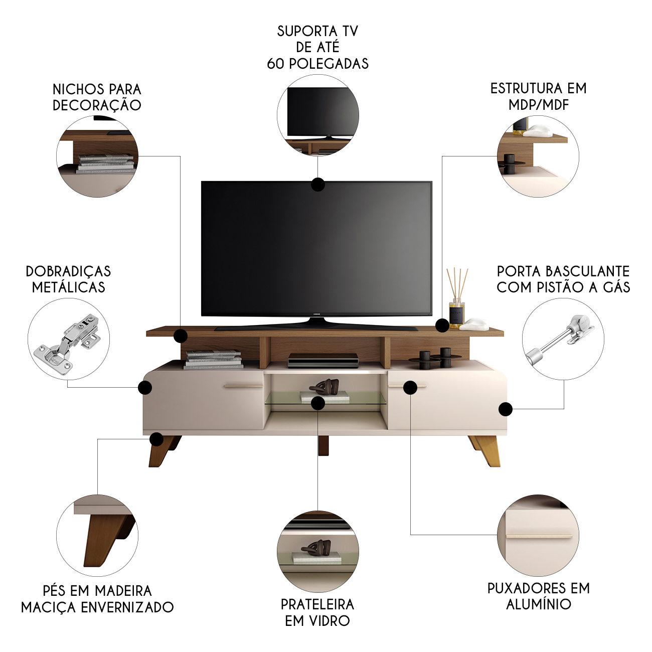 Rack Bancada de TV 60 Pol 160cm Essenza Castanho/Off White - HB Móveis