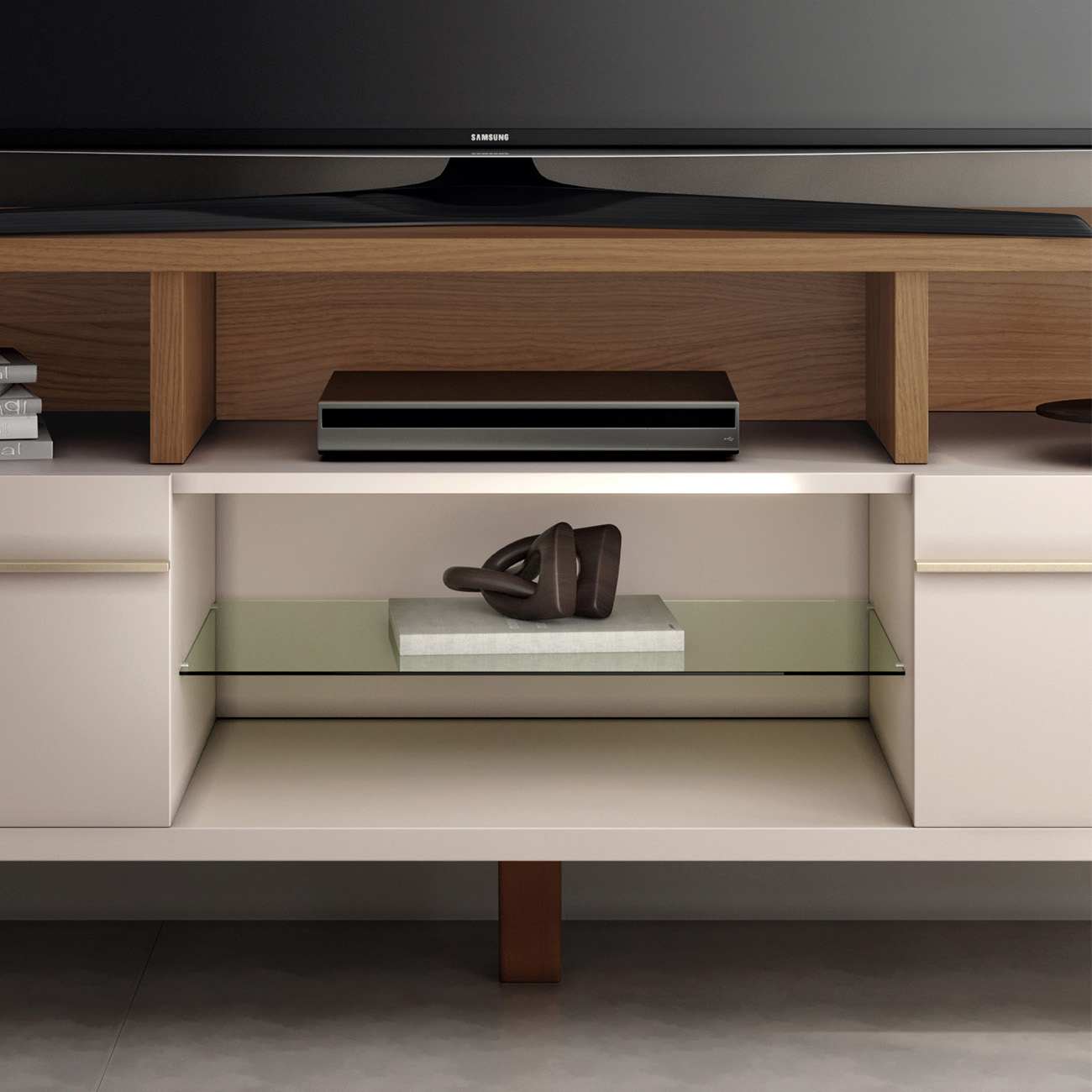 Rack Bancada de TV 60 Pol 160cm Essenza Castanho/Off White - HB Móveis