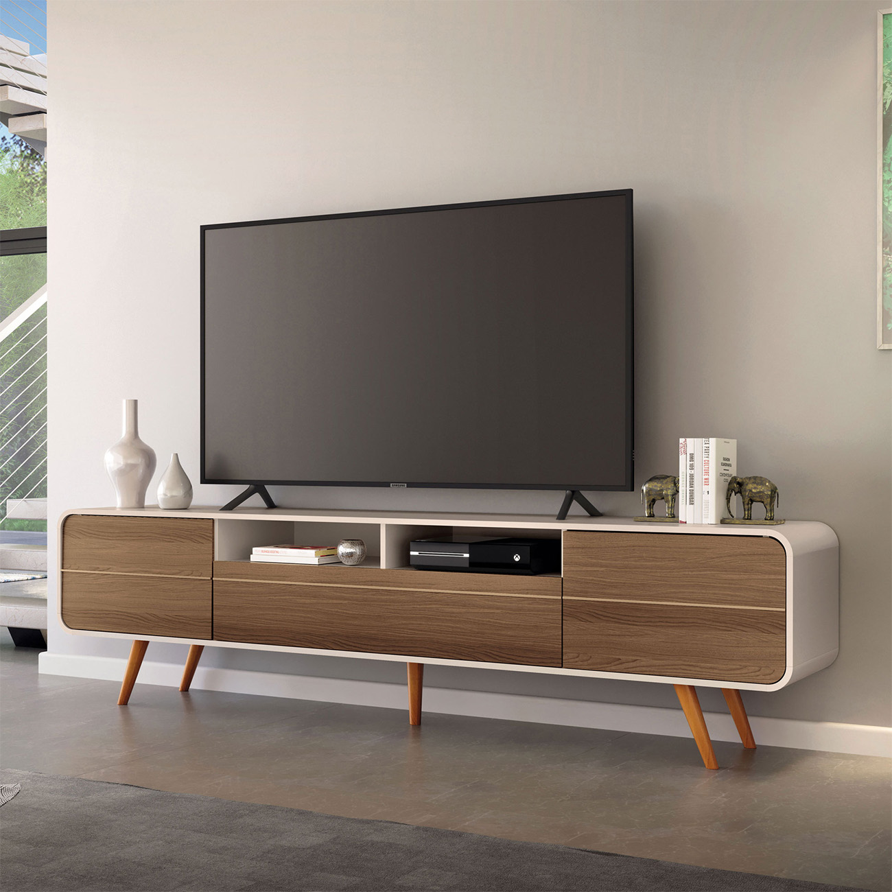 Rack Bancada de TV 85 Pol 220cm Época Castanho/Off - HB Móveis