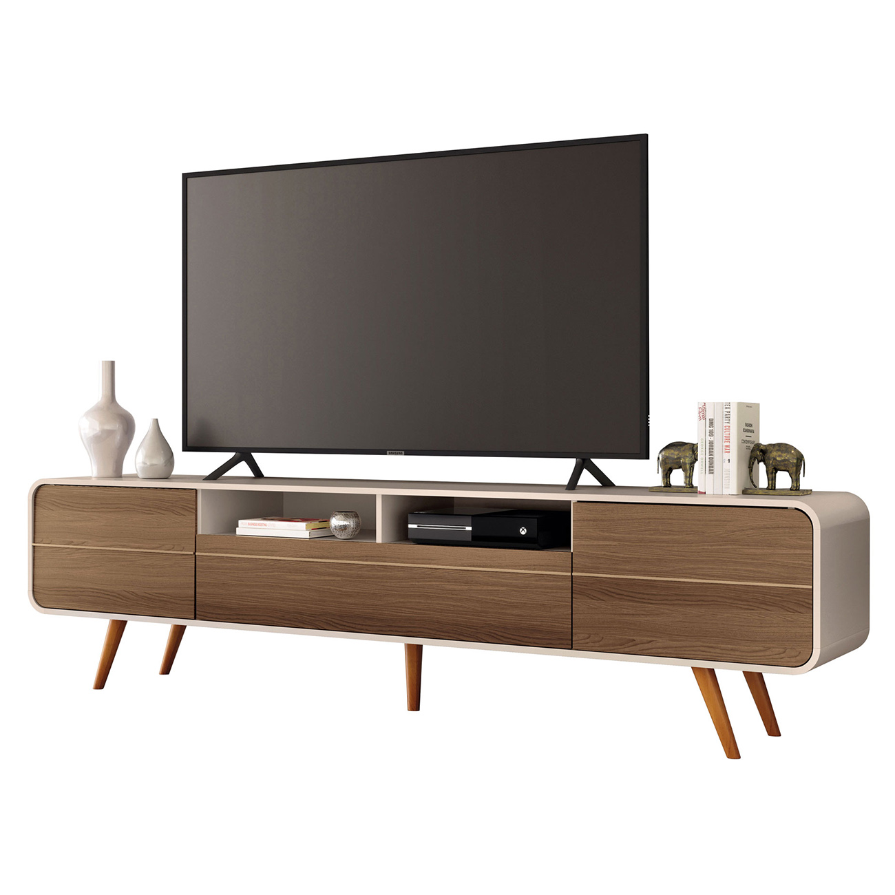 Rack Bancada de TV 85 Pol 220cm Época Castanho/Off - HB Móveis