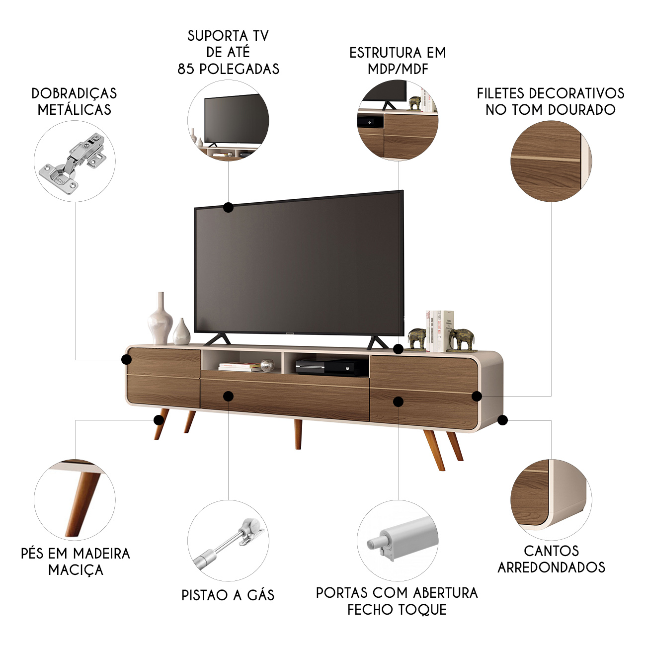 Rack Bancada de TV 85 Pol 220cm Época Castanho/Off - HB Móveis