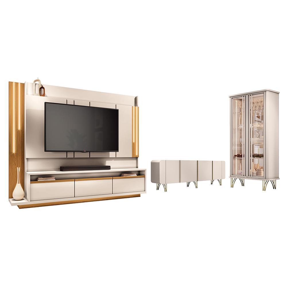 Sala de Estar Estante Home Montane, Cristaleira Évora e Buffet Saluti Off White - HB Móveis