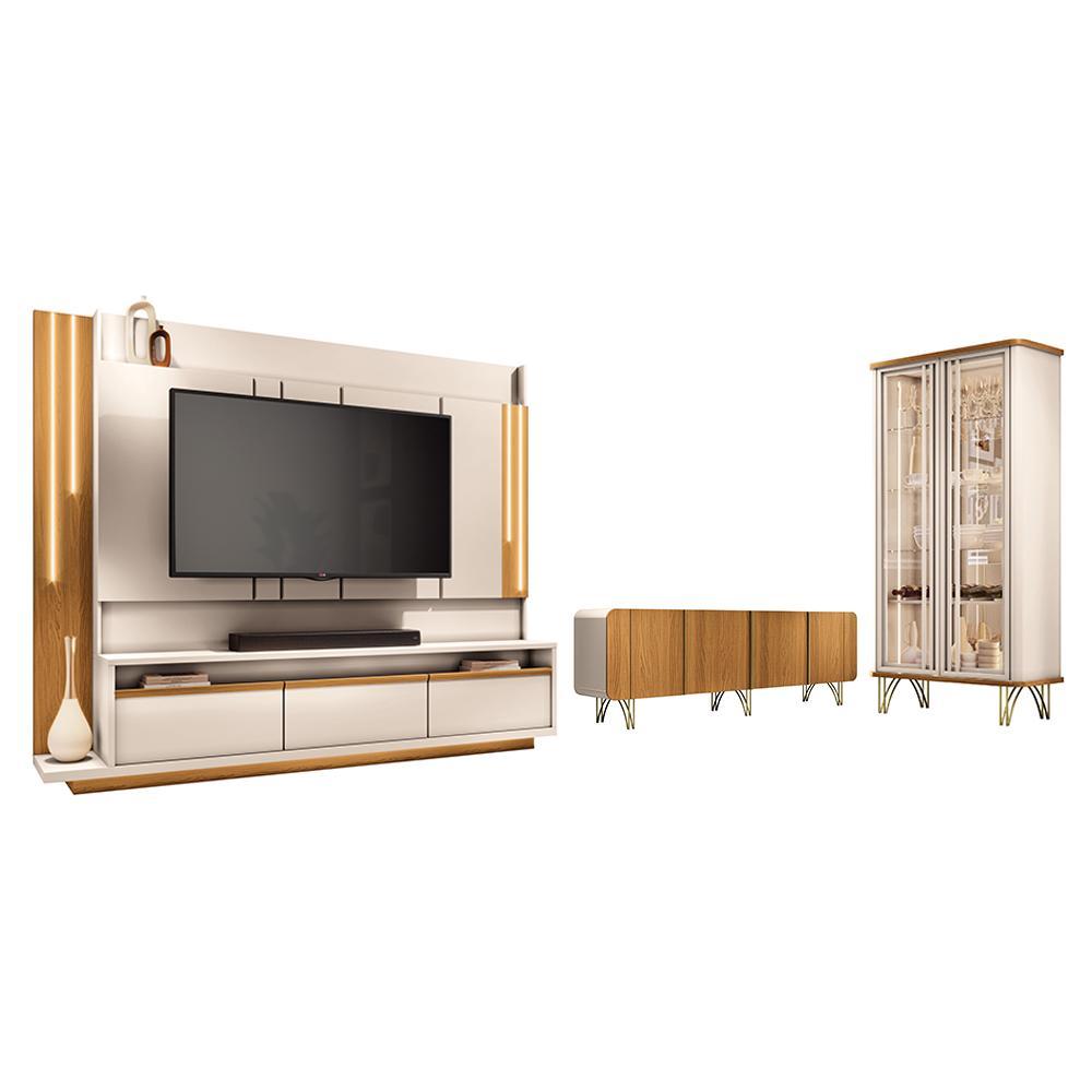 Sala de Estar Estante Home Montane, Cristaleira Évora e Buffet Saluti Off White/Cinamomo - HB Móveis