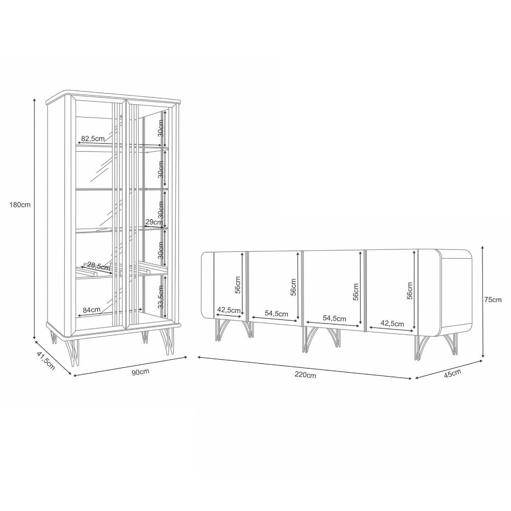 Sala de Estar Estante Home Montane, Cristaleira Évora e Buffet Saluti Off White/Cinamomo - HB Móveis