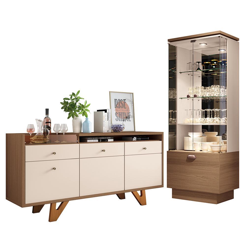 Sala de Jantar com Cristaleira Aura e Buffet Aparador Sollare Castanho/Off White - HB Móveis