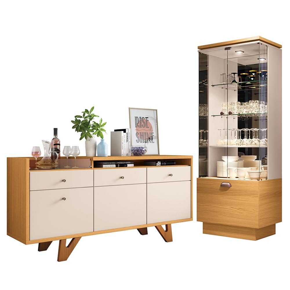 Sala de Jantar com Cristaleira Aura e Buffet Aparador Sollare Cinamomo/Off White - HB Móveis